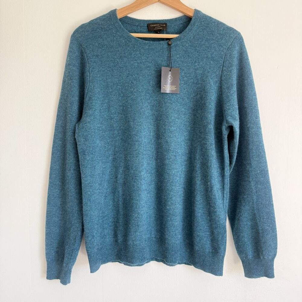 Charter Club Crewneck Sweater Womens L Blue Opal 100% Cashmere Quiet Luxury NWT